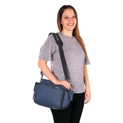 Hopkins Medical Products Original Home Health Shoulder Bag, 70D Waterproof  Nylon, Fold-Down Compartment, Adjustable Straps, 14x11x7 inch, Navy Blue