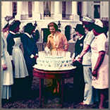 First Lady Betty Ford and nurses on White House lawn
