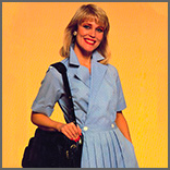 Woman in 1980s fashion with medical bag over her shoulder