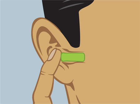 Drawing of person gently pushing an ear plug into their ear